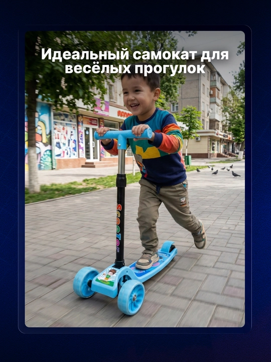 Детский самокат Pale Bear с сиденьем, подсветкой, до 50 кг, трехколесный