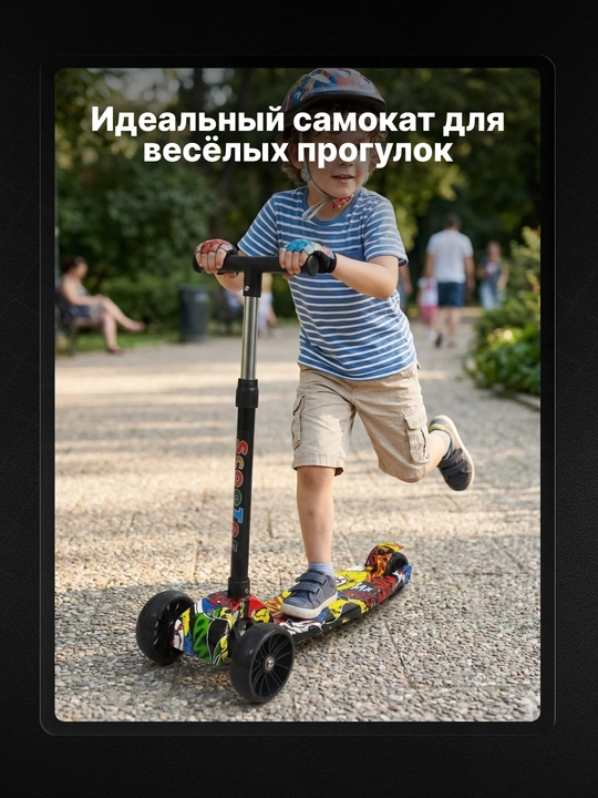 Детский самокат Pale Bear с сиденьем, подсветкой, до 50 кг, трехколесный