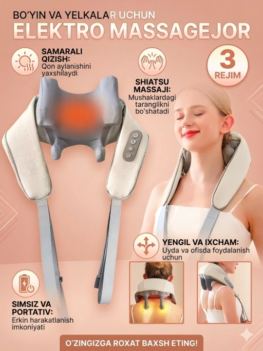 Bo‘yin va yelka uchun isitish funksiyasiga ega ko‘p funksiyali shiatsu massaj apparati - 