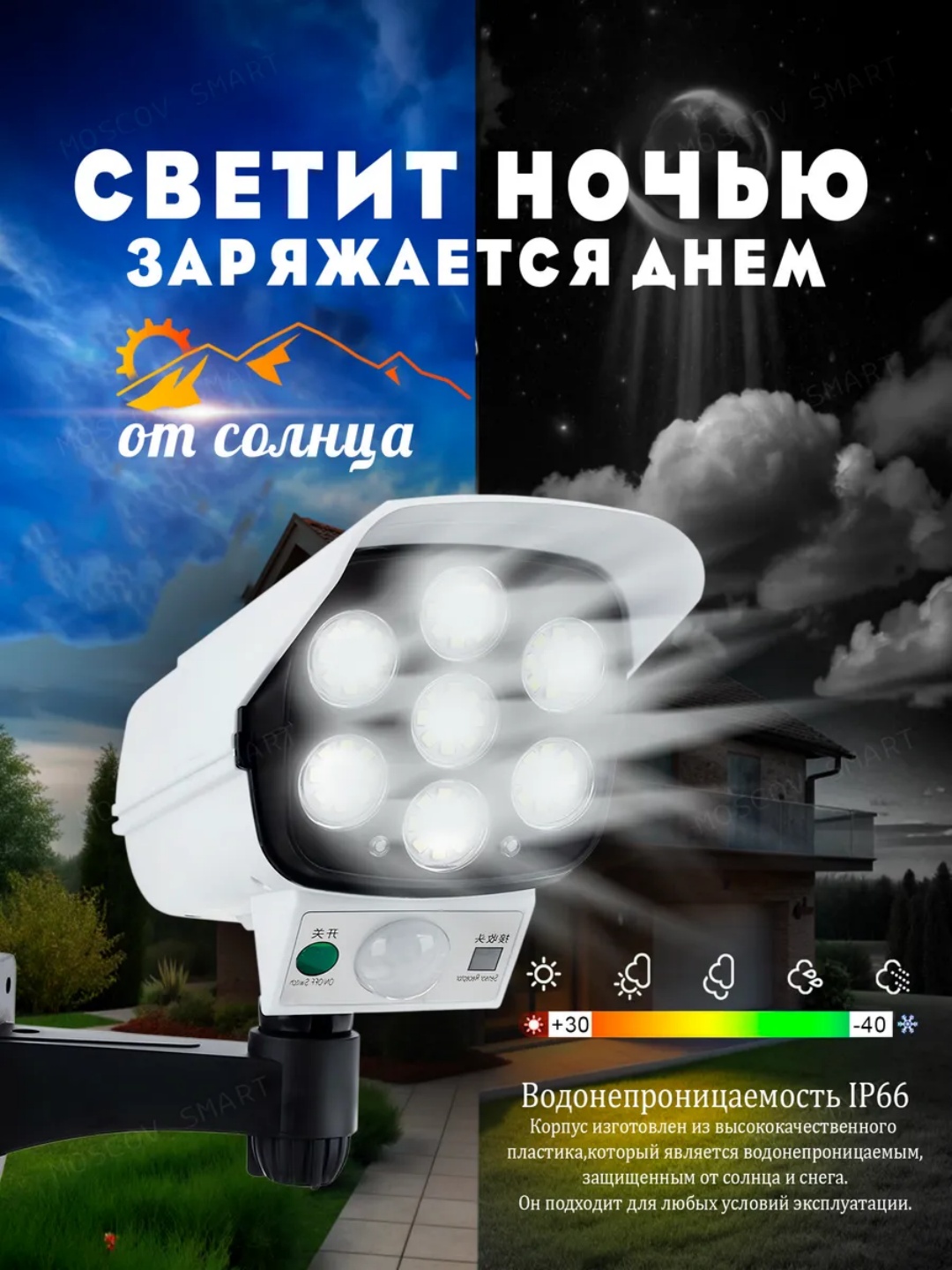 Quyosh energiyali devor chirog‘i kamera maketi, harakat datchigi, 3 rejim, pult, IP65