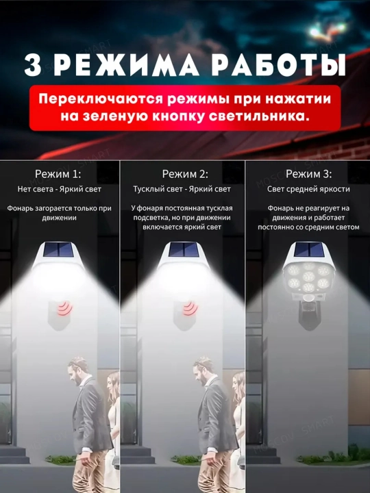 Quyosh energiyali devor chirog‘i kamera maketi, harakat datchigi, 3 rejim, pult, IP65