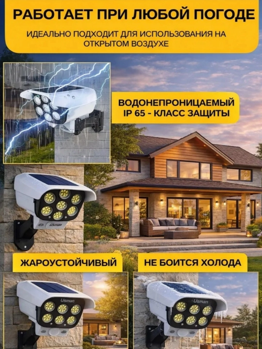 Quyosh energiyali devor chirog‘i kamera maketi, harakat datchigi, 3 rejim, pult, IP65