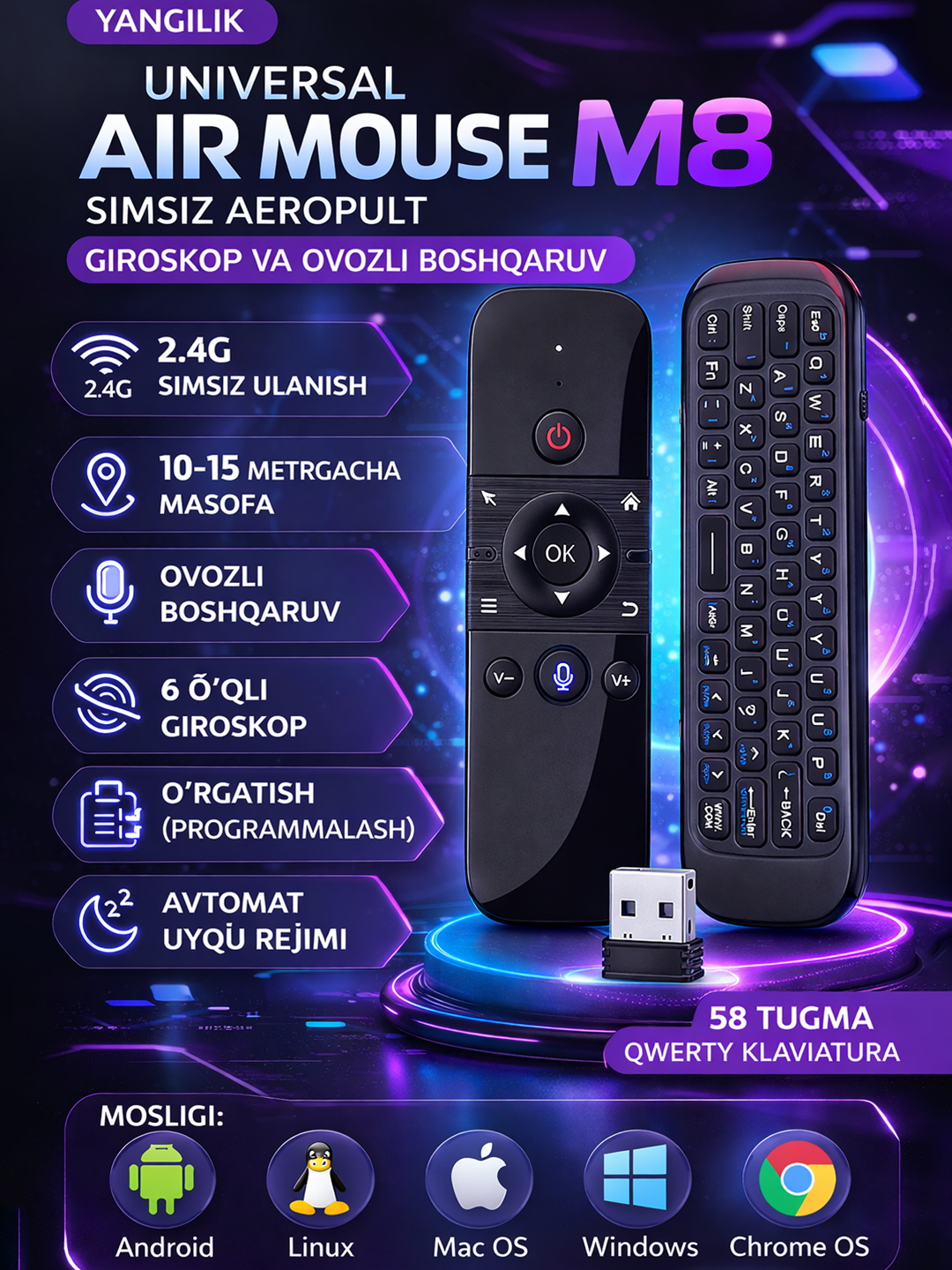 M8 Air Mouse – simsiz pult (giroskop, ovozli boshqaruv, infraqizil o'rganish, 58 tugma)