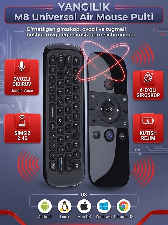 M8 Air Mouse – simsiz pult (giroskop, ovozli boshqaruv, infraqizil o'rganish, 58 tugma) - 