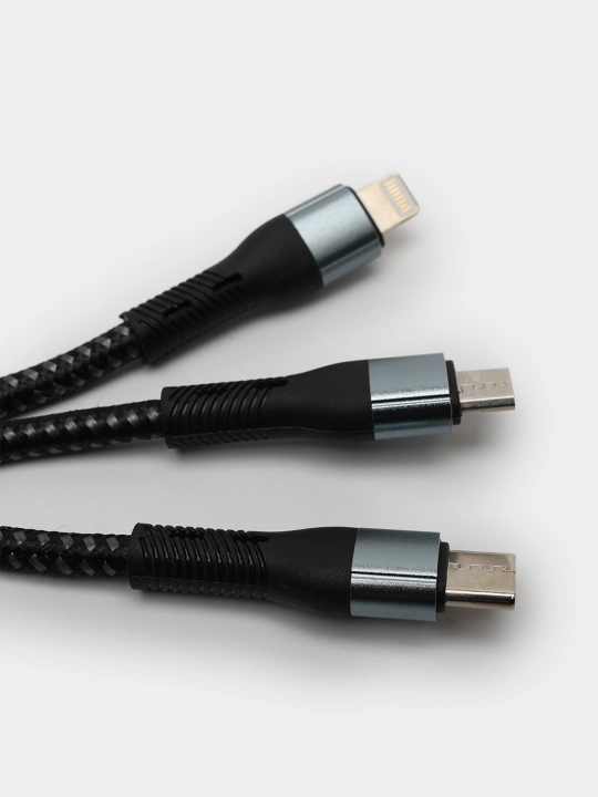 Кабель 120W 3-в-1 для быстрой зарядки Type-C|Lightning|MicroUSB, металлические коннекторы