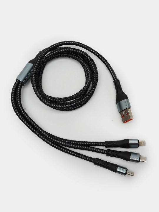 Кабель 120W 3-в-1 для быстрой зарядки Type-C|Lightning|MicroUSB, металлические коннекторы