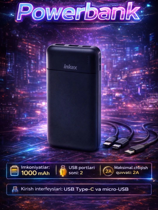 Повер банк Inkax PB-04 10000 mAh, внешний аккумулятор для смартфона и наушников - 