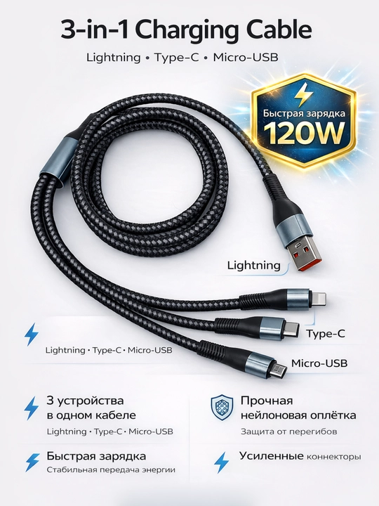 Кабель 120W 3-в-1 для быстрой зарядки Type-C|Lightning|MicroUSB, металлические коннекторы - 