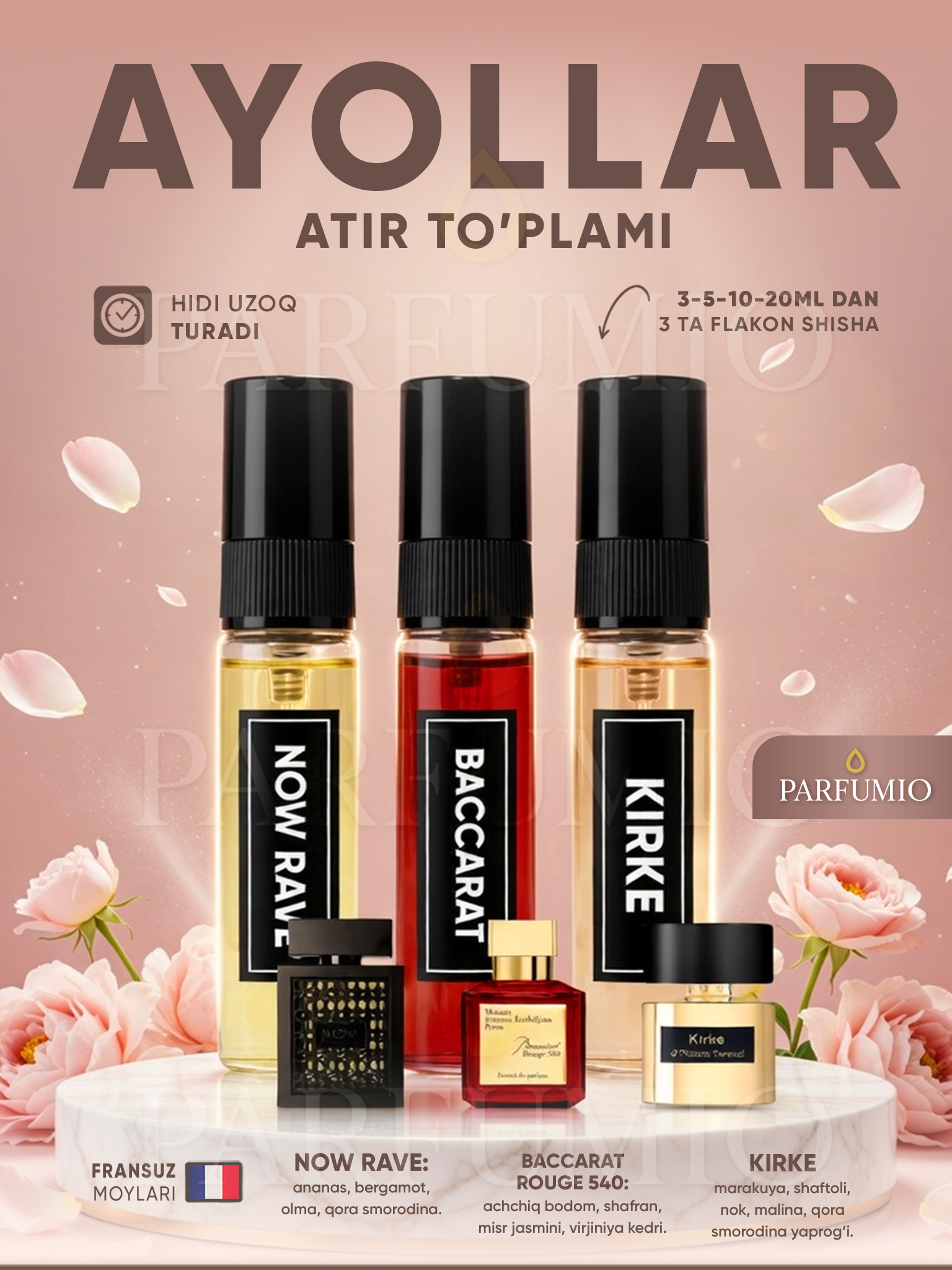 Ayollar atiri, Baccarat, Now Rave, Kirke, 1 ml, 3 ml, 5 ml, 10 ml, 20 ml