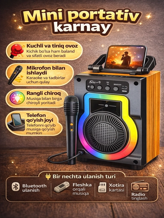 Мини караоке-колонка с RGB подсветкой и микрофоном - 