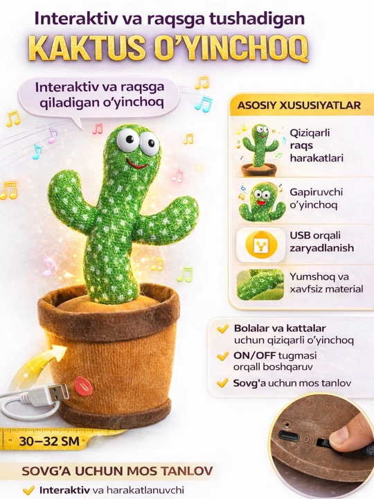 Interaktiv o‘yinchoq, raqsga tushayotgan va gapirayotgan kaktus, musiqiy kaktus