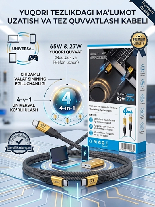 4-v-1 Universal Tezkor Kabel: Bitta Kabel Barcha Qurilmalaringiz Uchun! 65W/27W