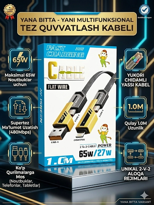 4-v-1 Universal Tezkor Kabel: Bitta Kabel Barcha Qurilmalaringiz Uchun! 65W/27W