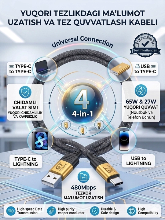 4-v-1 Universal Tezkor Kabel: Bitta Kabel Barcha Qurilmalaringiz Uchun! 65W/27W
