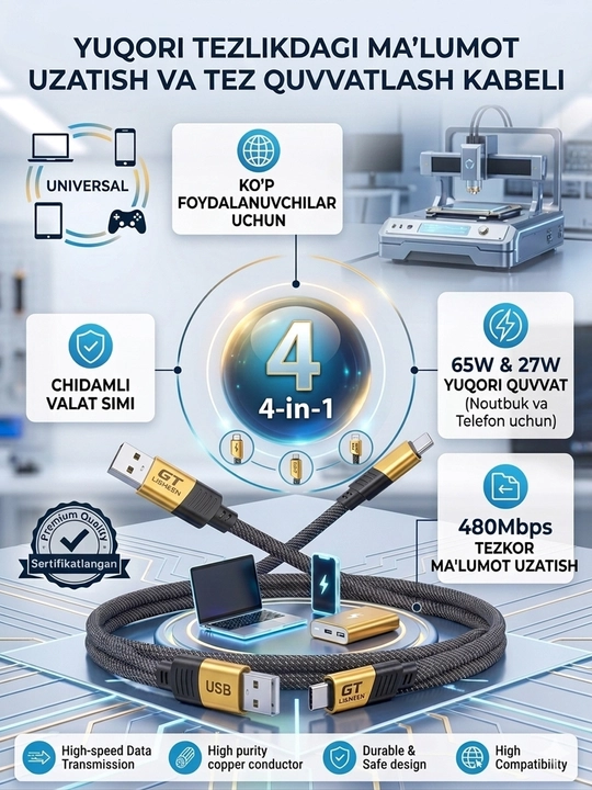 4-v-1 Universal Tezkor Kabel: Bitta Kabel Barcha Qurilmalaringiz Uchun! 65W/27W