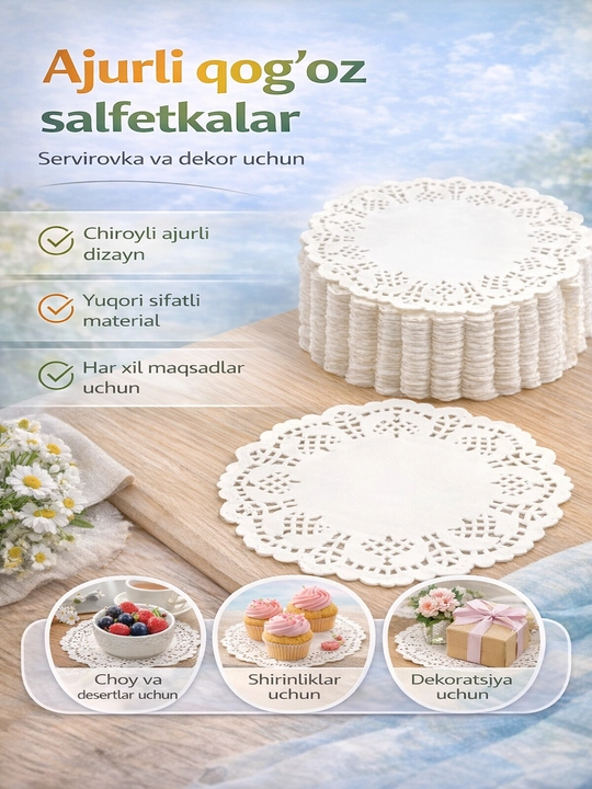 Qog‘oz salfetkalar ajurli 14 sm 100 dona | 22 sm 50 dona dekor - 