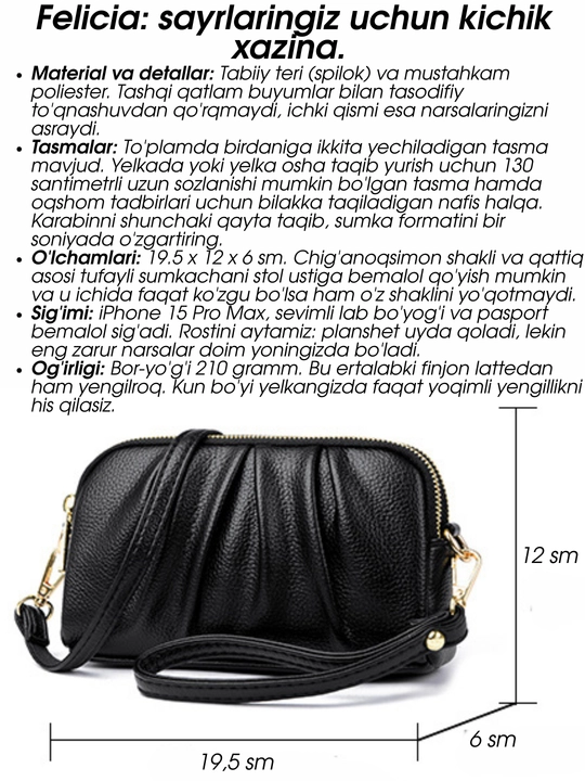 Ayollar sumkasi FELICIA, krossbodi, klatch, 2 ta tasma, tabiiy charm (spilok)
