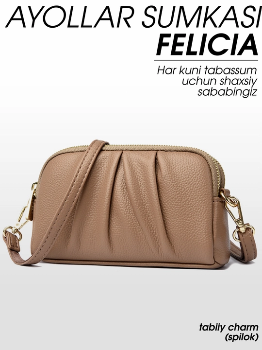Ayollar sumkasi FELICIA, krossbodi, klatch, 2 ta tasma, tabiiy charm (spilok)