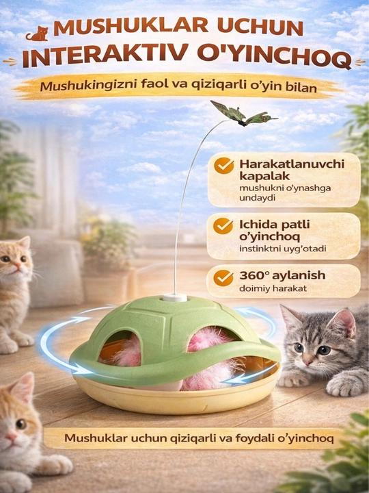 Interaktiv aqilli mushuklar uchun o'yinchoq, batareyka va zaryadli - 
