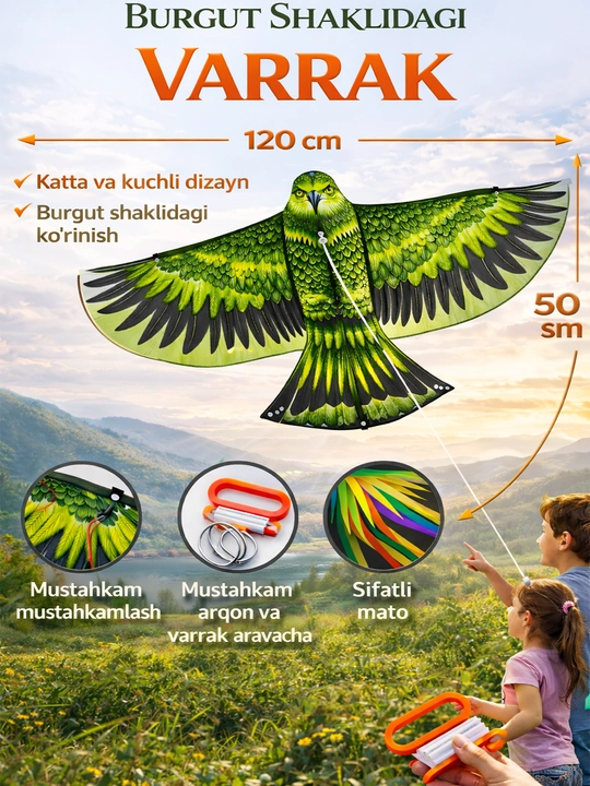 120x50 sm o‘lchamda uchadigan katta bolalar o‘yin polotnosi, shamoldagi tezkor o‘yinchoq