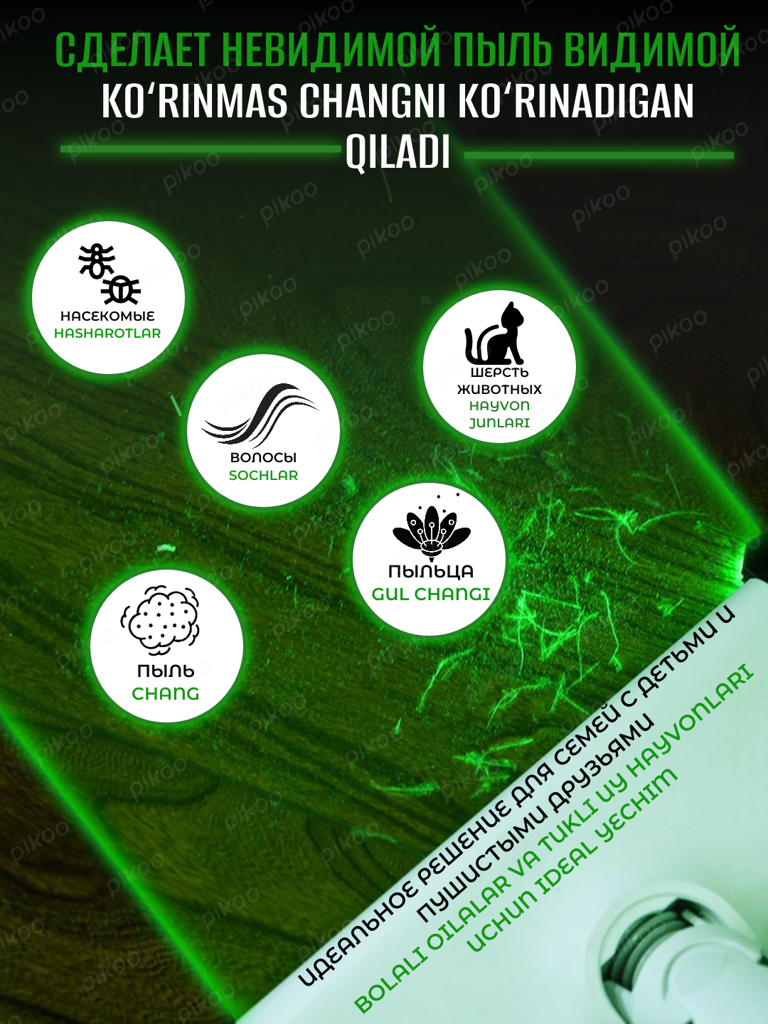 LED подсветка для пылесоса зеленый свет для обнаружения пыли насадка для уборки