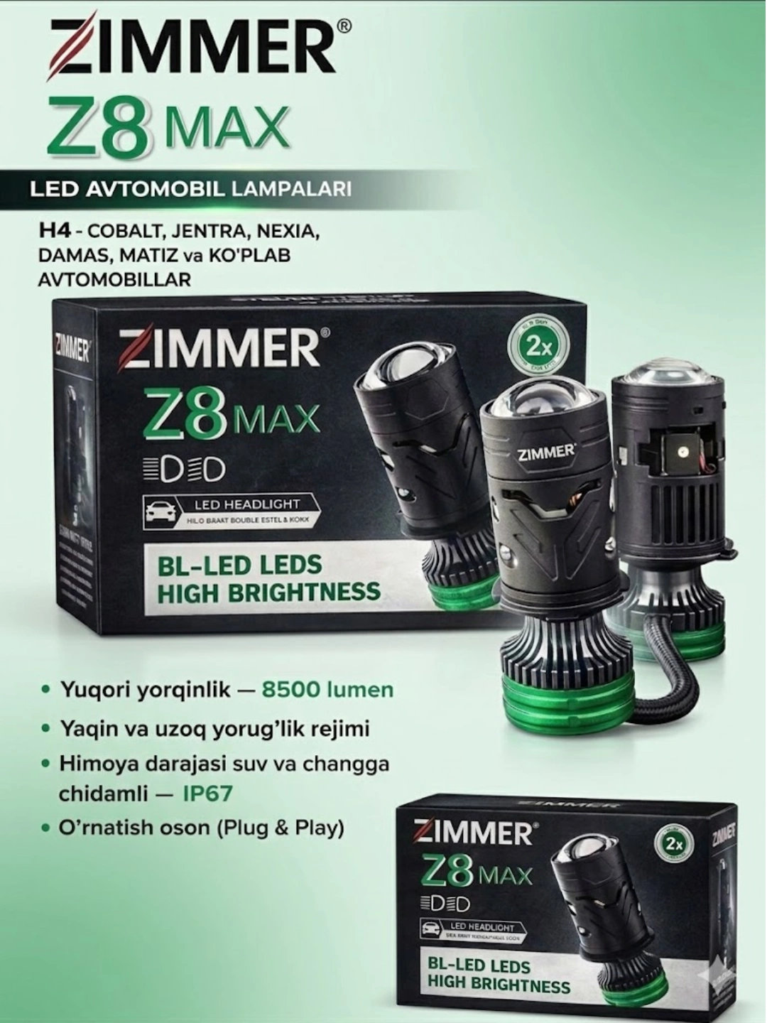 Светодиодные Bi-LED линзованные лампы для авто Zimmer Z8 Max, H4