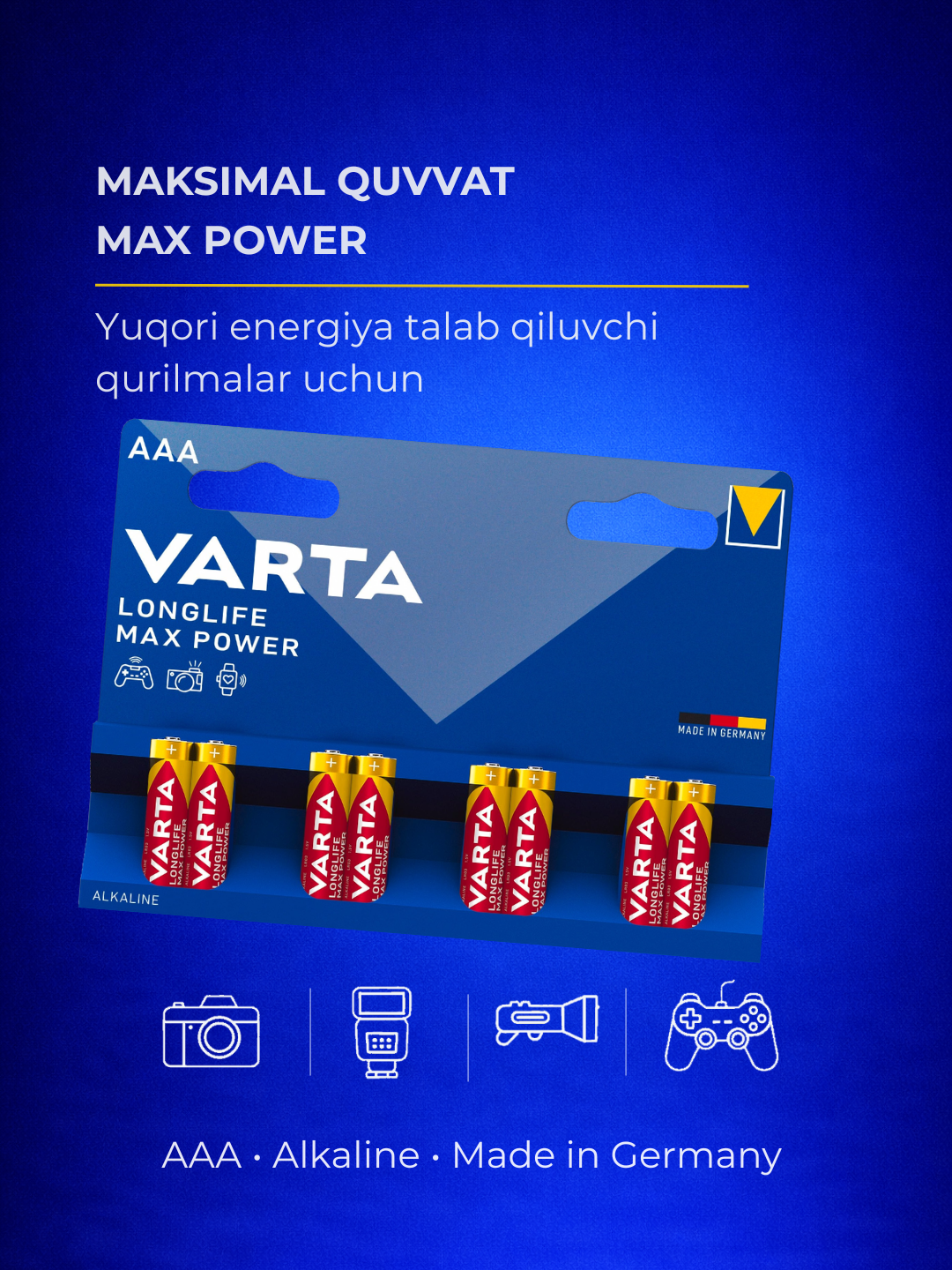 Batareykalar VARTA Longlife Max Power AAA (LR03) 8/4 dona — o'yinchoq, pult - 