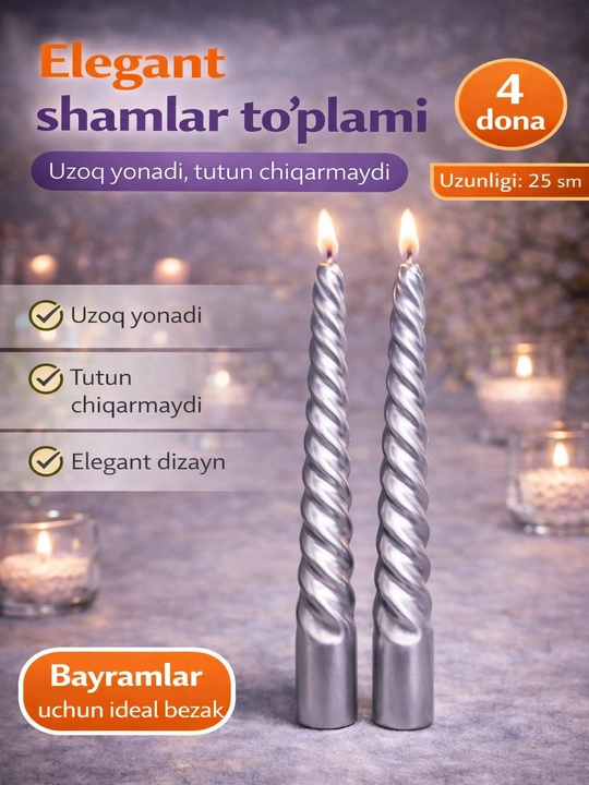 Nafis shamlar to‘plami, 4 dona, uzoq vaqt tutunsiz yonadi - 