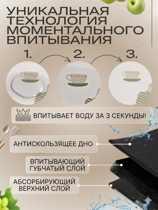 Коврик для сушки посуды, впитывающий, противоскользящий, нано-коврик для кухни