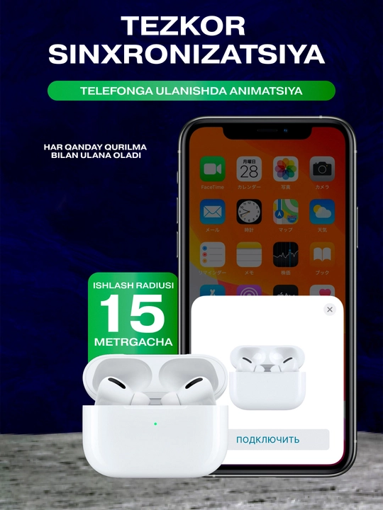 Simsiz quloqchin Pods Pro 2, sensorli, iPhone va Android uchun naushnik