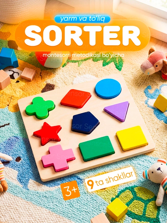 Montessori yogoch sorter geometrik shakllar o'yini