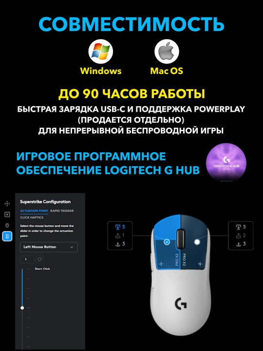 Simsiz o‘yin sichqonchasi Logitech G Pro X2 Superstrike Lunar Eclipse, 61 gramm, 44K DPI