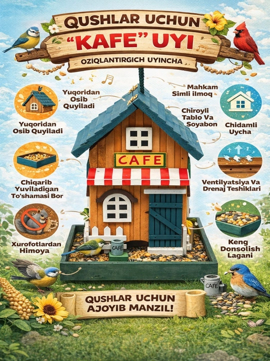 Qushlar uchun osma oxur - yog‘och, dekorativ, fermer uyi uslubidagi oxur - 