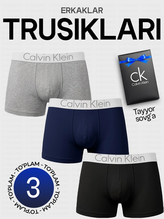 Calvin Klein erkaklar trusiklari, 3 donalik to‘plam bokserlar, sovg‘a qutisida, 93% paxta