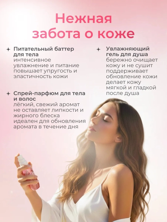 Sayohat uchun kosmetik to‘plam – tana spreyi, dush geli va tana kremi