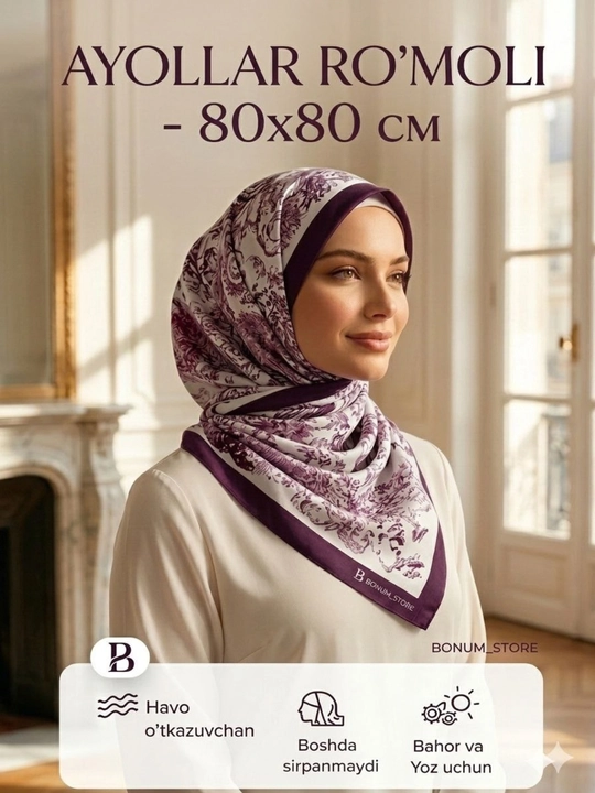 Ayollar romoli, ayollar sharf, hijob ro‘mol, bahor-yoz uchun romol, romol, 80х80 o'lchamda