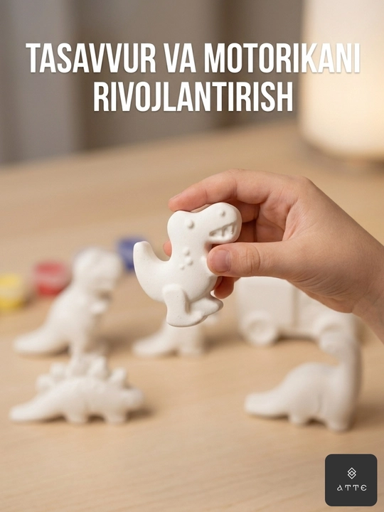 Bolalar ijodi uchun gipsli figuralar to'plami «Dinozavrlar va Mashina»