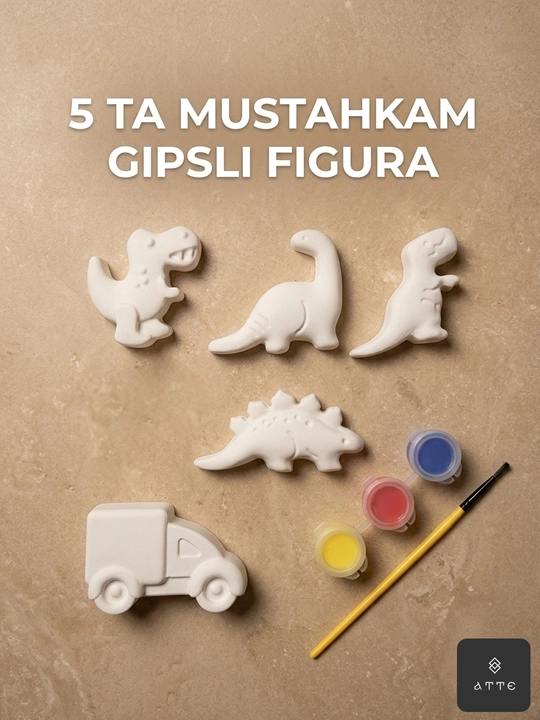 Bolalar ijodi uchun gipsli figuralar to'plami «Dinozavrlar va Mashina»
