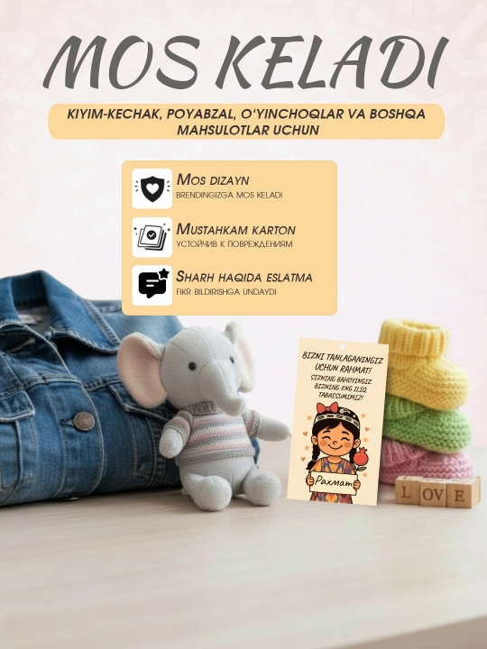 Kiyim va sovg‘alar uchun birkalar 50 dona ip bilan  kartochkalar 9×5 sm