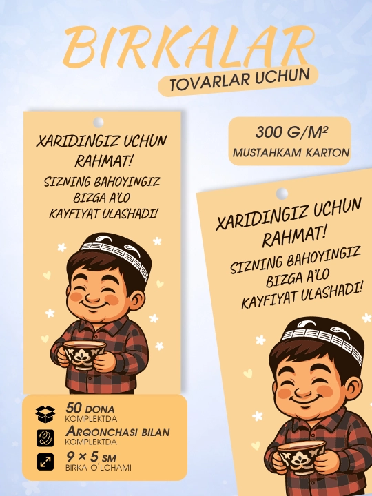 Kiyim va sovg‘alar uchun birkalar 50 dona ip bilan  kartochkalar 9×5 sm - 