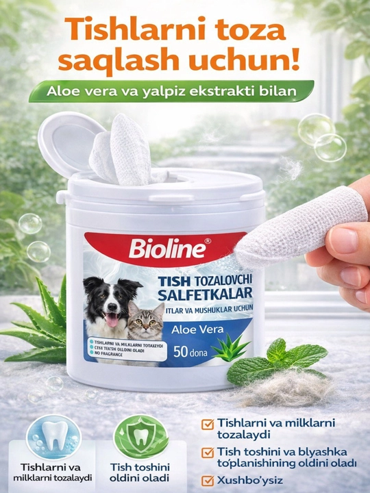 Bioline Dental Finger — Mushuk va itlar uchun tish tozalovchi salfetkalar (50 dona) - 