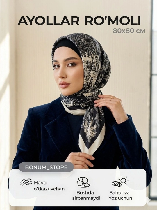 Ayollar romoli, ayollar sharf, hijob ro‘mol, bahor-yoz uchun romol, romol, 80х80 o'lchamda