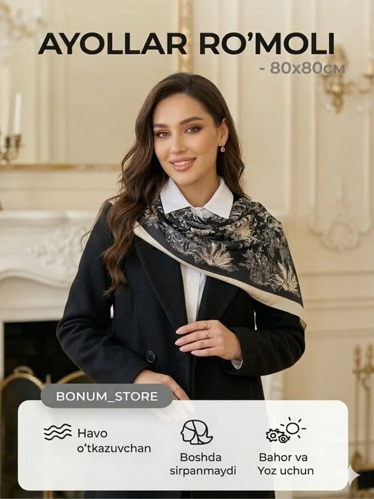 Ayollar romoli, ayollar sharf, hijob ro‘mol, bahor-yoz uchun romol, romol, 80х80 o'lchamda