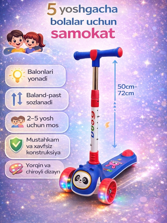 Bolalar uchun samokat, yig'ma samokat, 2-10 yoshlilar uchun, uch g'ildirakli - 