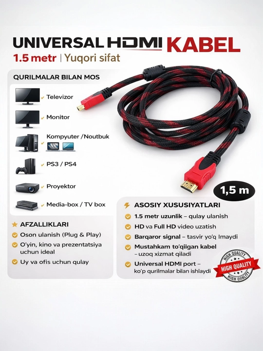 TV, monitor, kompyuter uchun 1,5 duymli universal HDMI kabeli - 