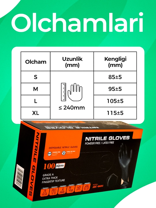 Bir martalik nitril qo‘lqoplar, upa sepilmagan, 4 xil rangda, 4 xil o‘lchamda