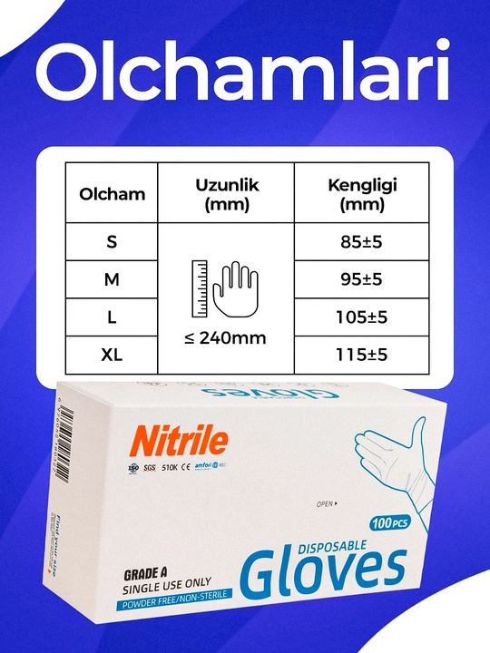 Bir martalik nitril qo‘lqoplar, upa sepilmagan, 4 xil rangda, 4 xil o‘lchamda