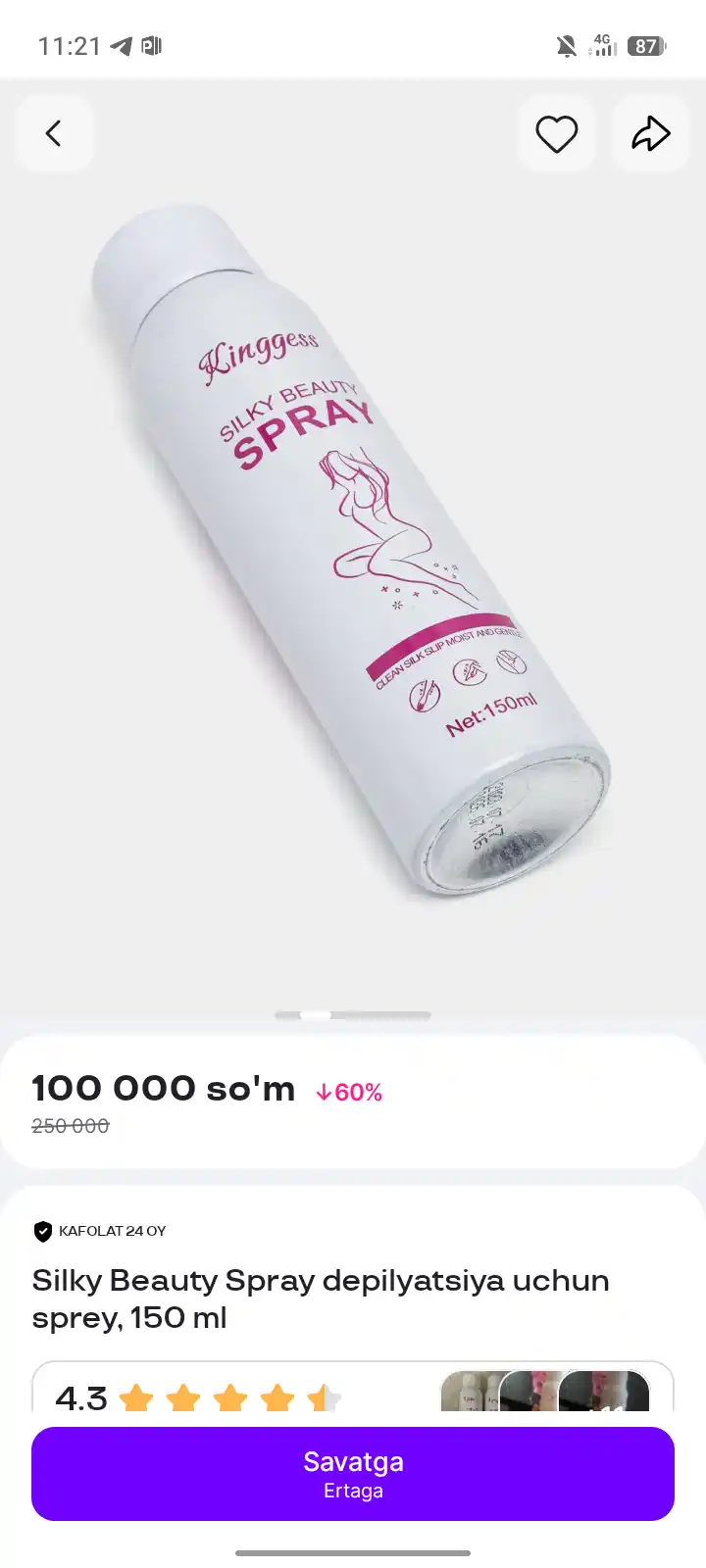 Silky Beauty Spray depilyatsiya uchun sprey, 150 ml