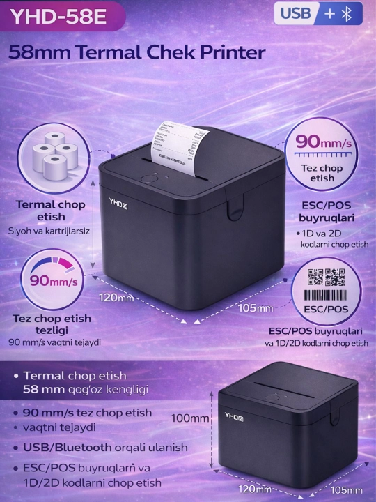 YHD-58E 58 mm POS, USB/Bluetooth, 90 mm/s tekshiruv termoprinteri - 