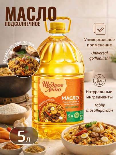 Подсолнечное масло Щедрое лето, рафинированное, 5 л — PROGRES-ЛЕТО